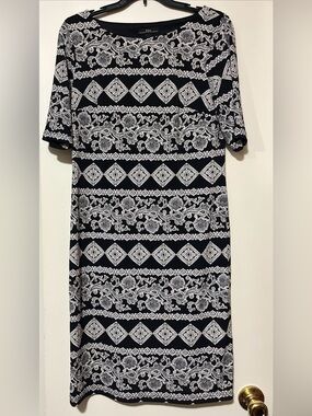 R&K Black and White Midi Dress with Textured Geometric & Floral Print